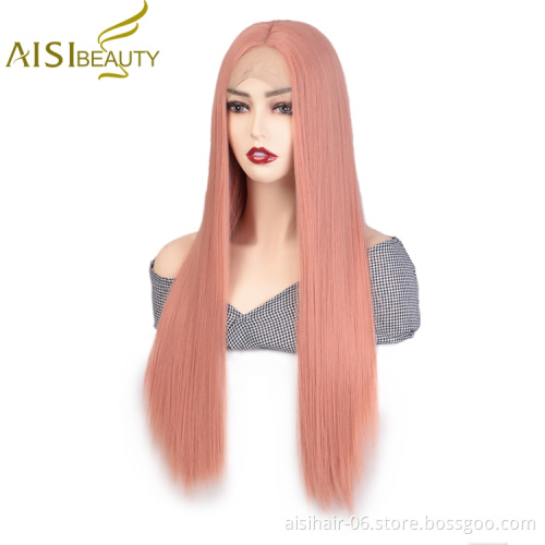 Aisi Beauty Hot Selling Wholesale Long Silky Straight Pink Pre Plucked Middle Part Synthetic Hair For Black Women Lace Front Wig